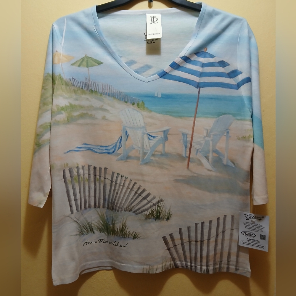 Beach-Theme Relaxed Graphic Tee With 3/4 Sleve Size L